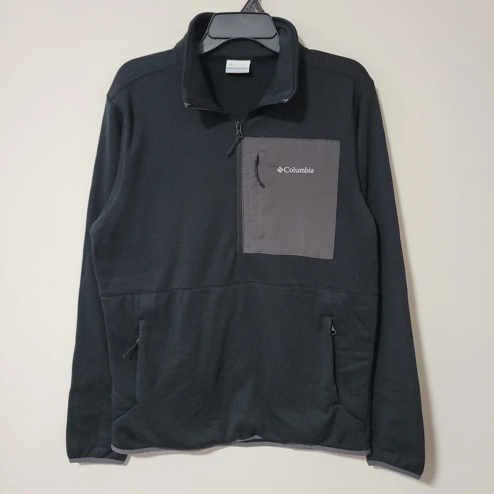 Columbia Hiking 1/2 Zip Fleece Pullover Mens M Black Gray Chest Pocket Outdoor
